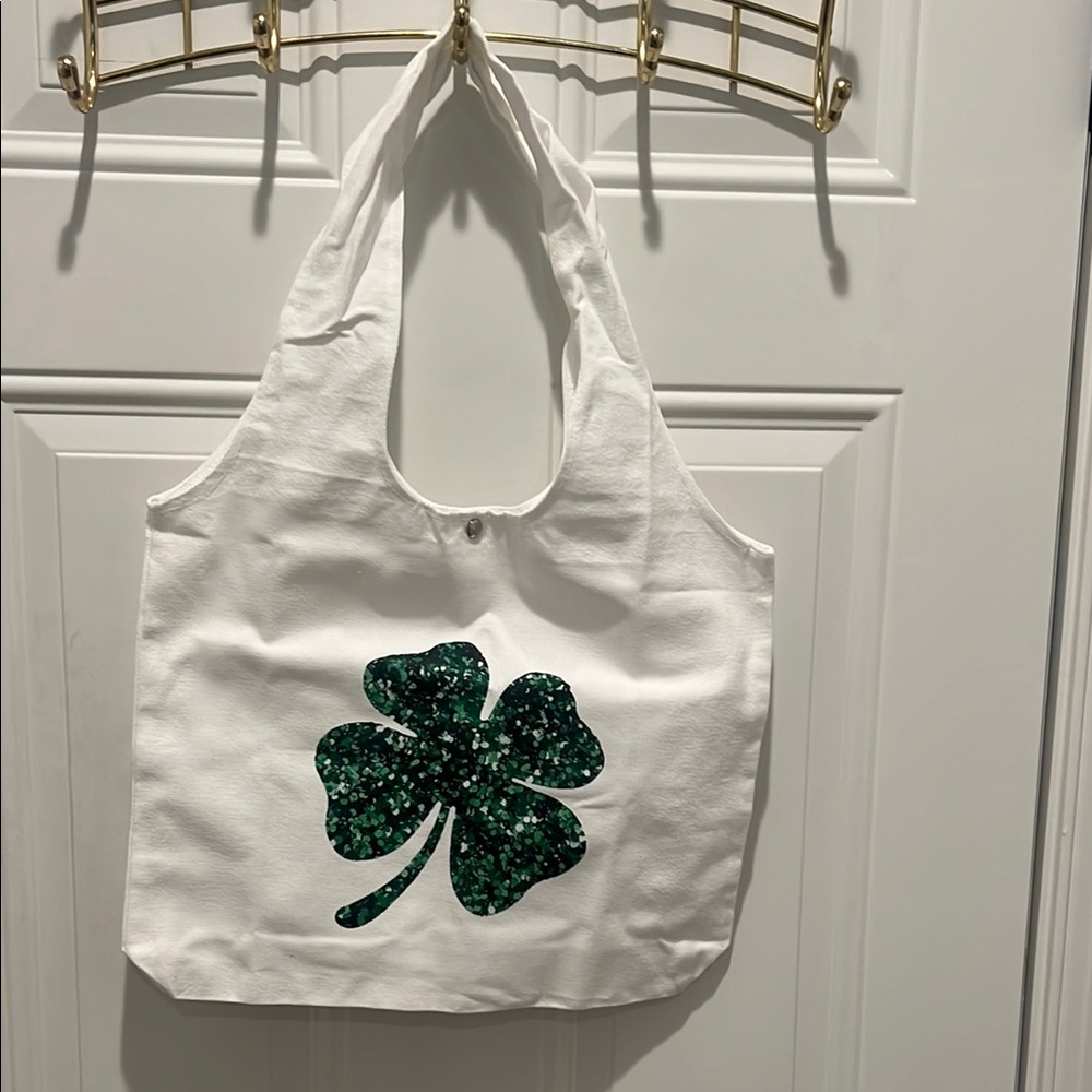 White Tote Bag with Green Clover Design